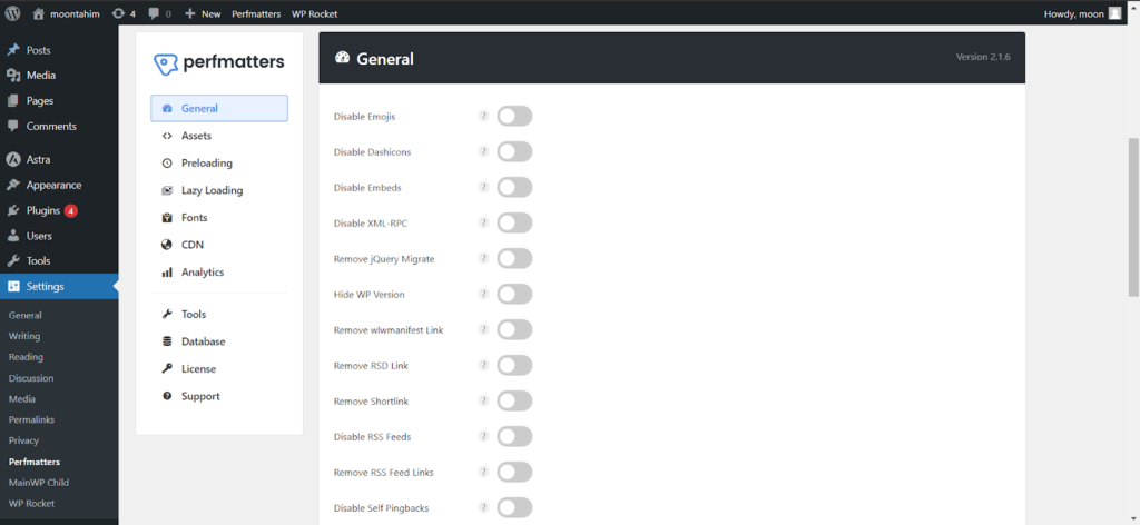 Perfmatters general settings