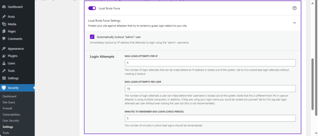 Local Brute Force Settings