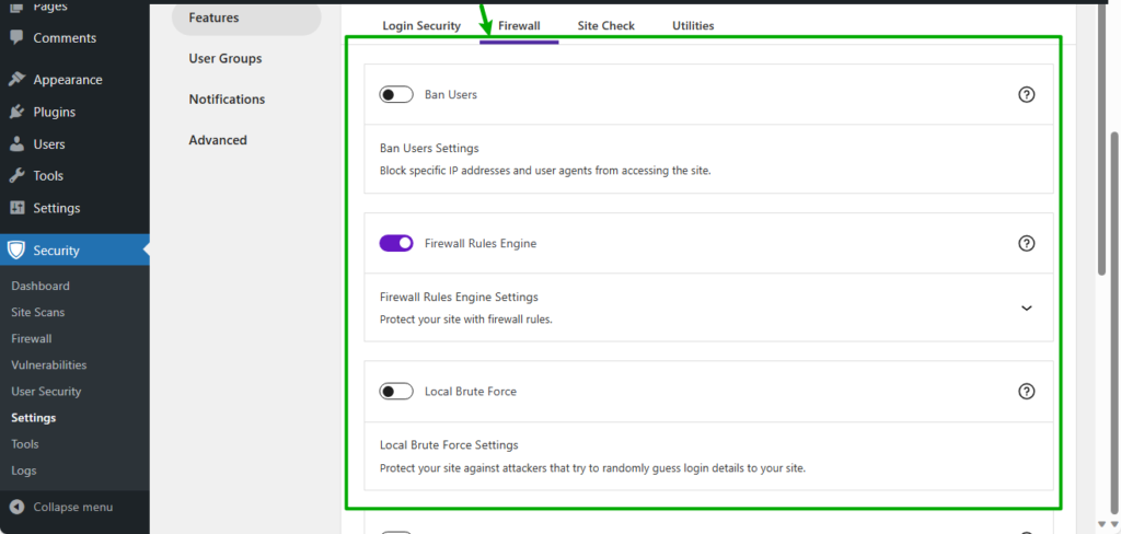 Options under firewall