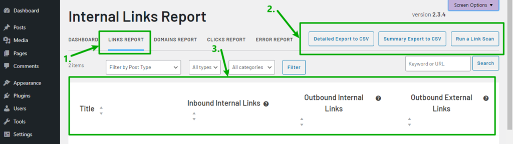 Internal Links Report parameters