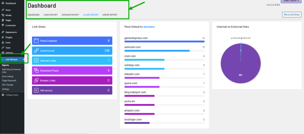 Link Whisper dashboard report