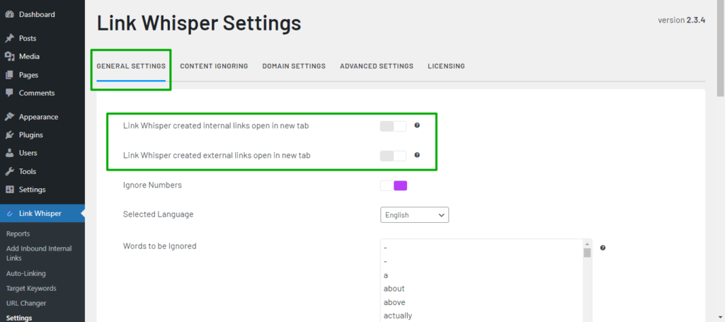 Link Whisper general settings