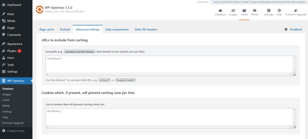wp-optimize advanced settings